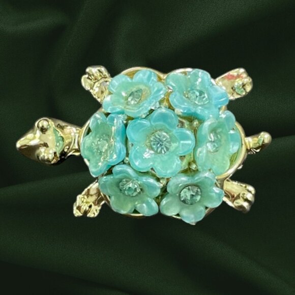 Vintage Blue Flower Gold Tone Turtle Brooch 1960s Cute Figural Pin - Picture 5 of 15